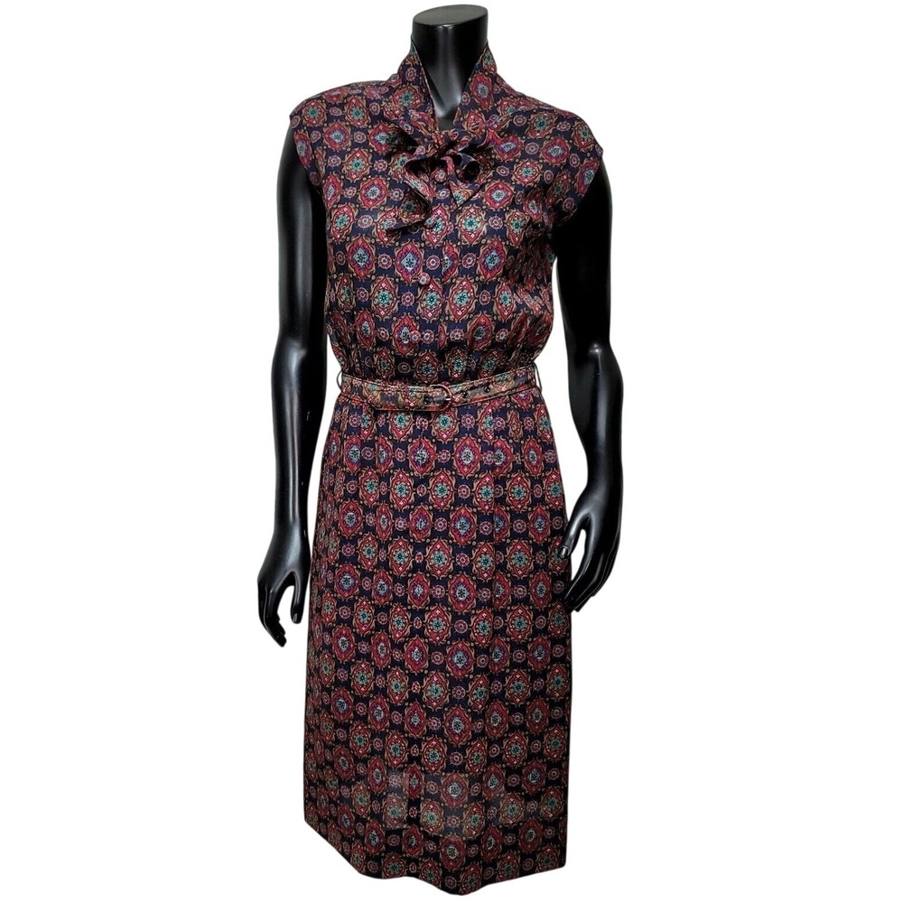 Vintage 70s Sheer Chiffon Mandala Geometric Pussycat Collar Midi Dress with Belt